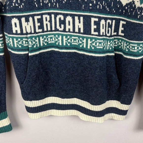 American Eagle Men's Green Blue Cotton Wool Blend Knit Medium Sweater Hoodie - Picture 9 of 11